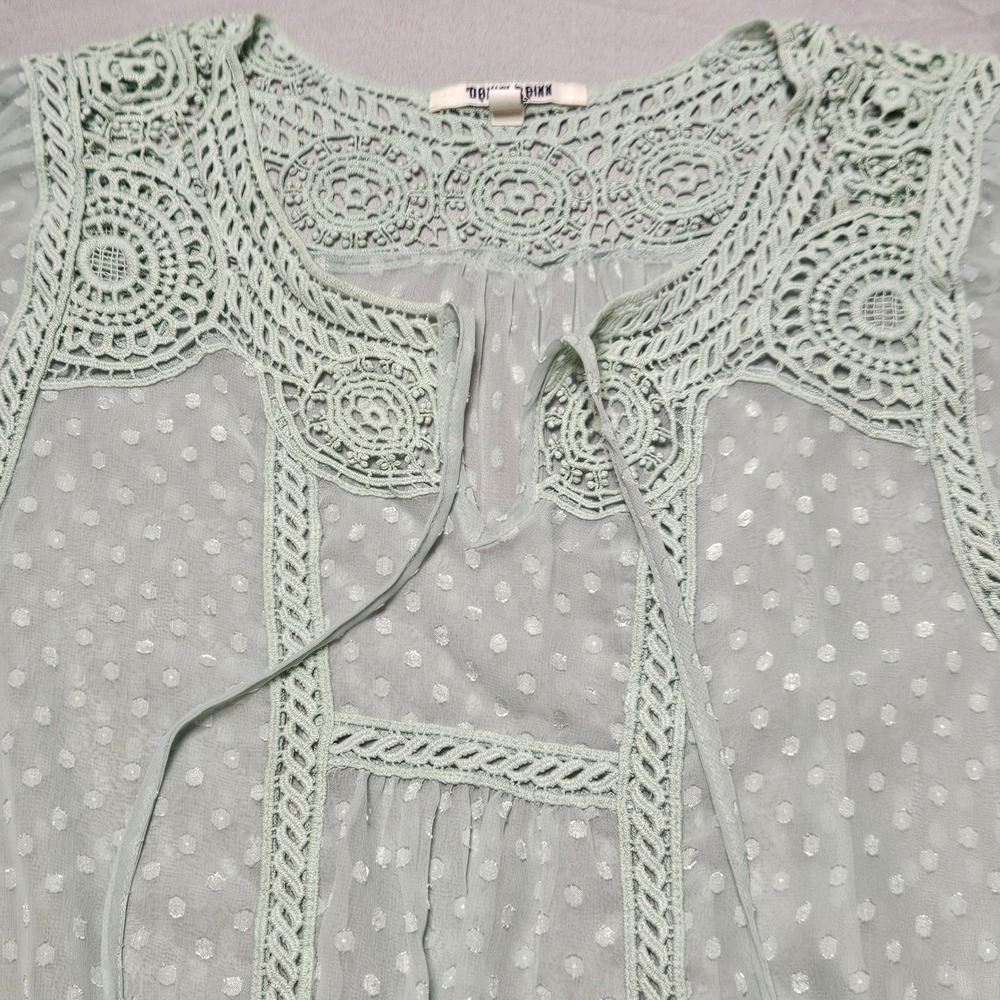 Daniel Rainn Blouse Womens Medium Mint Green Crochet Lace Clip Dot Boho Peplum